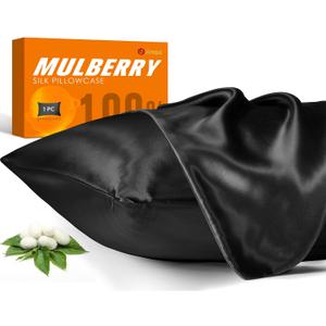 100% Mulberry Silk Pillowcase for Hair and Skin, 22 Momme Pure Natural Silk Pillow Case Both Sided with Zipper, Pillow Cover for Women Mom Men (Black, Standard 20''26'', 1 Pack)