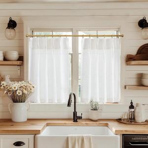 jinchan Linen Pinch Pleated Kitchen Curtains 24 Inch 2 Panels, Natural Linen Tier Curtains Back Tab Beige Farmhouse Cafe, Light Filtering Small Window Drapes for Bathroom Laundry Room Off White