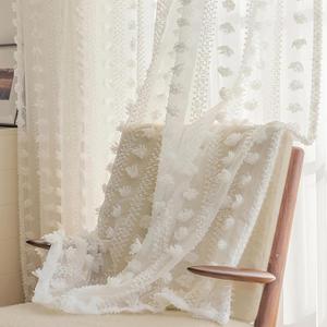 ColorBird Pom Pom White Sheer Curtains 63 Inch Length for Bedroom, Boho Lightweight Nursery Tufted Curtains with 2 Panels,Cute Light Filtering Privacy Rod Pocket Curtains for Living Room