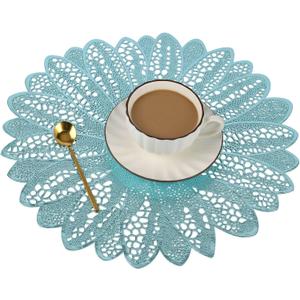 Round Blue 15 Inches Placemats Set of 6 for Dinner Table, Vinyl Metallic Hollow Out Flower Place Mats, Non Slip Heat Resistand PVC Table Mats