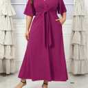 Ekaliy Women's Wedding Guest Dress,V Neck Ruffle Sleeve A Line Maxi Church | Stretchy lightweight fabric, wrap v-neck with chest tie, side pockets, curvy-friendly fit for formal cocktail events. (Pink, XXL)