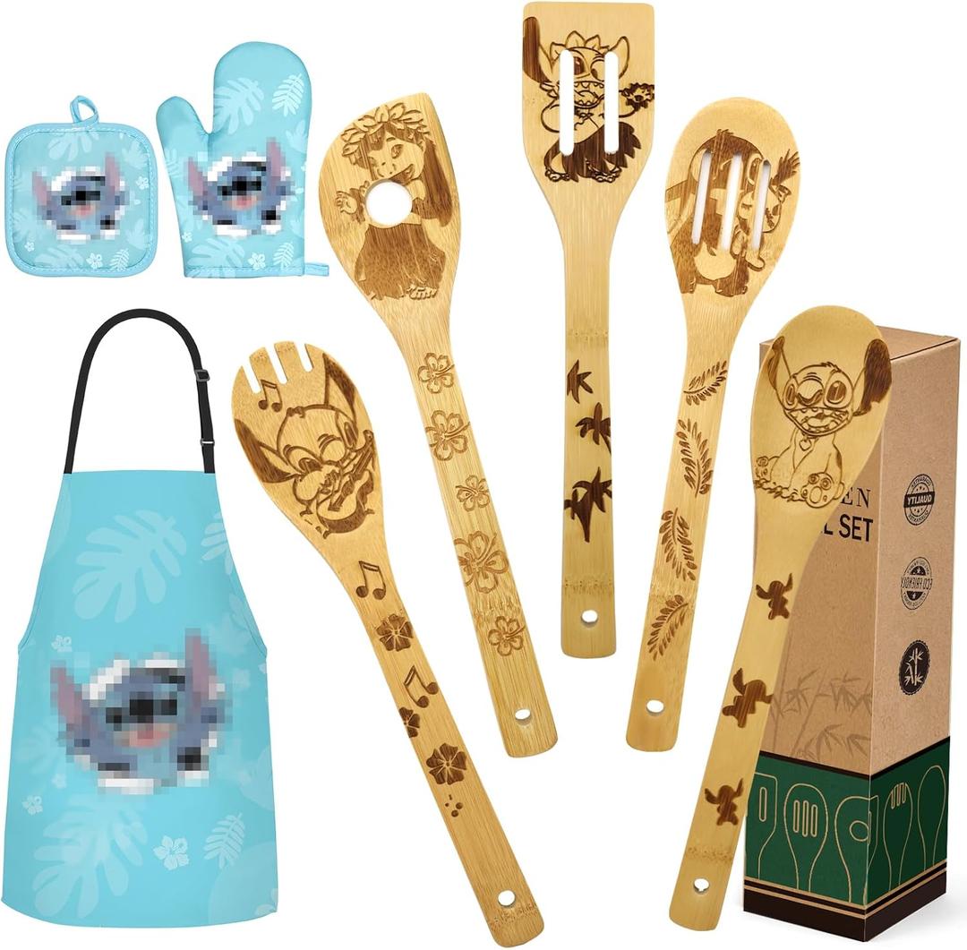 Christmas Gift for Women Mom from Daughter - Wooden Spoons for Cooking Bamboo Kitchen Cooking Utensils Set with Apron Oven Mitt Potholder Set - Great Mother's Day Birthday Gift