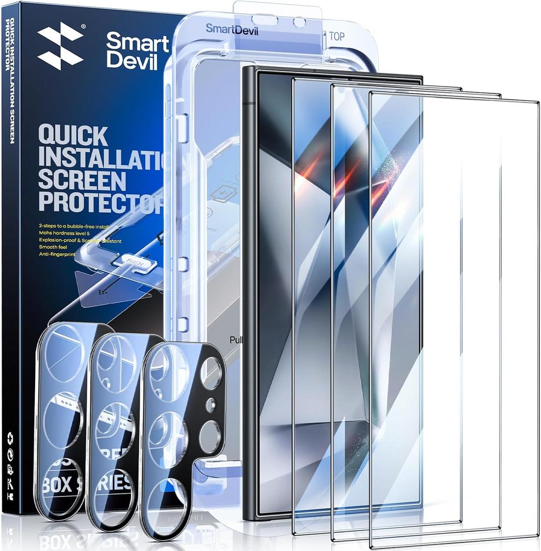 SMARTDEVIL [3+3 Pack for Samsung Galaxy S24 Ultra Screen Protector with Camera Lens Protector,Full Coverage,Finger Print Reader Compatible, Clear 9H Tempered Glass SMARTDEVIL [3+3 Pack for Samsung Galaxy S24 Ultra Screen Protector with Camera Lens Protector,Full Coverage,Finger Print Reader Compatible, Clear 9H Tempered Glass