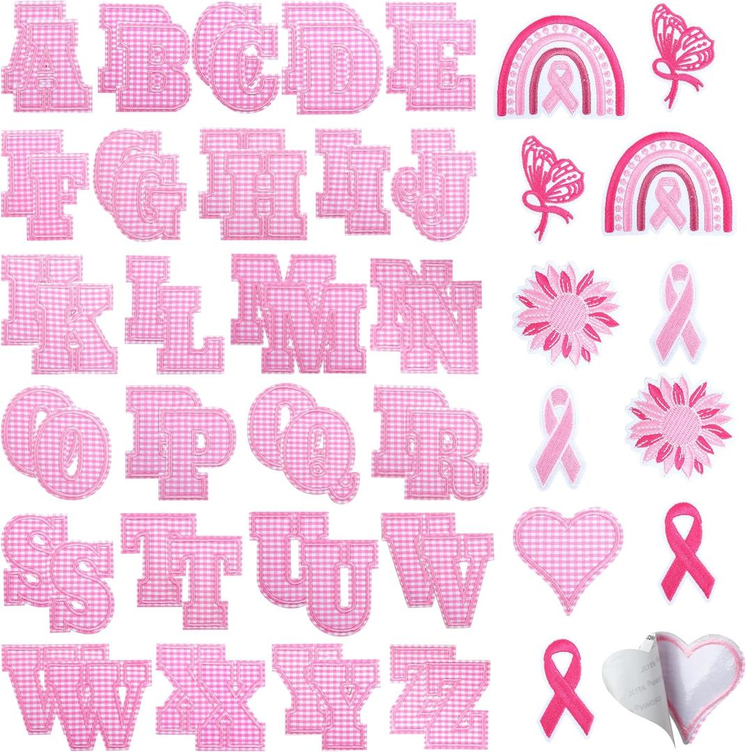 KINGSOW Self-Adhesive Letter Patches for Clothing: 64PCS Pink Buffalo Plaid Fabric Letters Stick on Patches - Ribbon Bows Embroidered Sew Applique for Breast Cancer Awareness Shirt Hat Backpack Socks