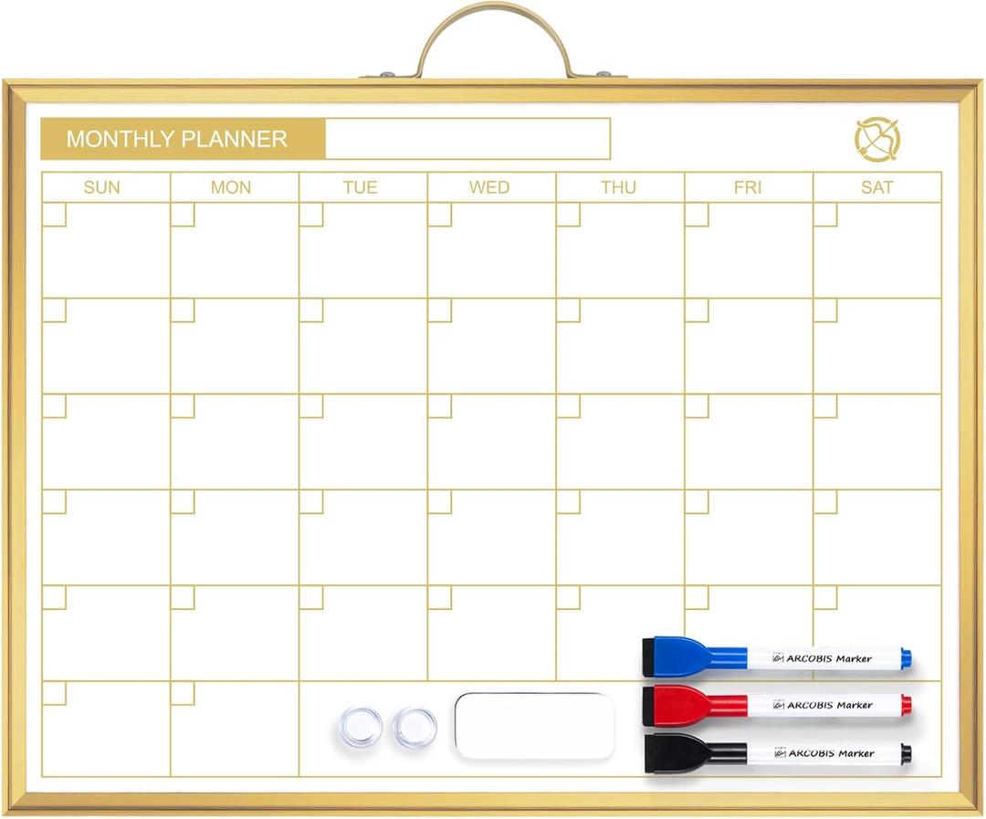 ARCOBIS Monthly Calendar Whiteboard - 12" x 16" Double-Sided Magnetic Dry Erase Board with Gold Frame - Portable Wall Hanging Planner for Home, Office, School