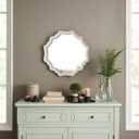Rustic Scalloped White Round Mirrors for Wall Decor Living Room 15.7 Inch, Hanging Vintage Wooden Circle Vanity Mirror for Bathroom, Handmade Distressed Farmhouse Wavy Entryway Mirror