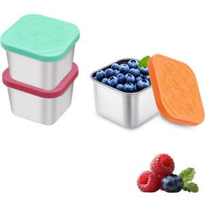 2 x 304 Premium Stainless Steel Snack Containers with Silicone Lids, Snackle Box Containers, Easy-Open Leak-Proof Kids for Taking Out for a Picnic, Lunch Box and Travel. (Red Orange Blue-3, 6 OZ)