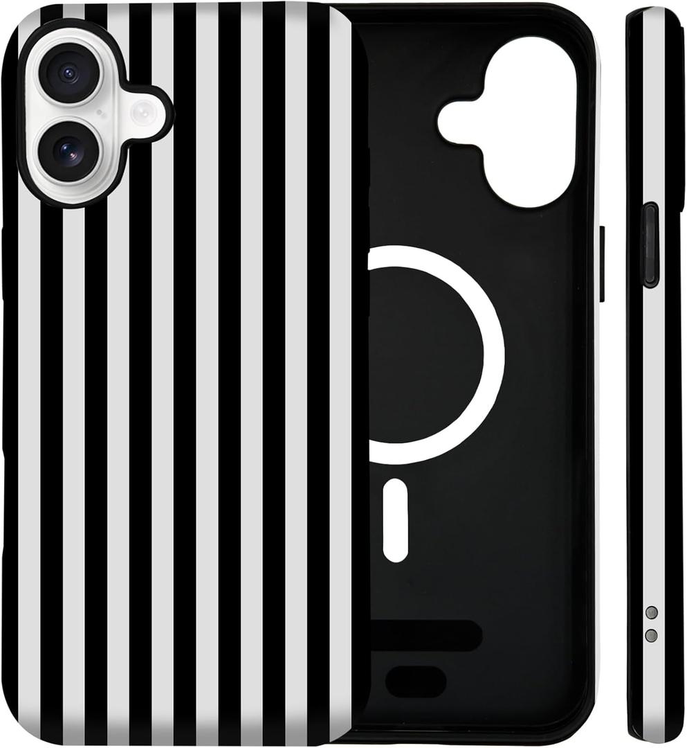 for iPhone 17 Case Cute Striped Phone Case Compatible with MagSafe, Dual-Layer Shock Protection(Hard PC + Silicone) - Aesthetic Protective Phone Cover for Women Girl, Black and White