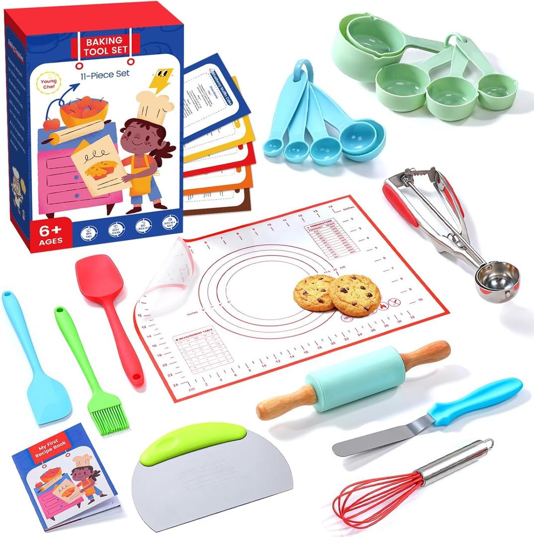 Vinino 11-Piece Kids Baking&Cooking Set  Real Baking Utensils with Cookbooks for Children, Toddler Safe Montessori Kitchen Accessories-Gift for Young Chefs Girls Boys Ages 6+