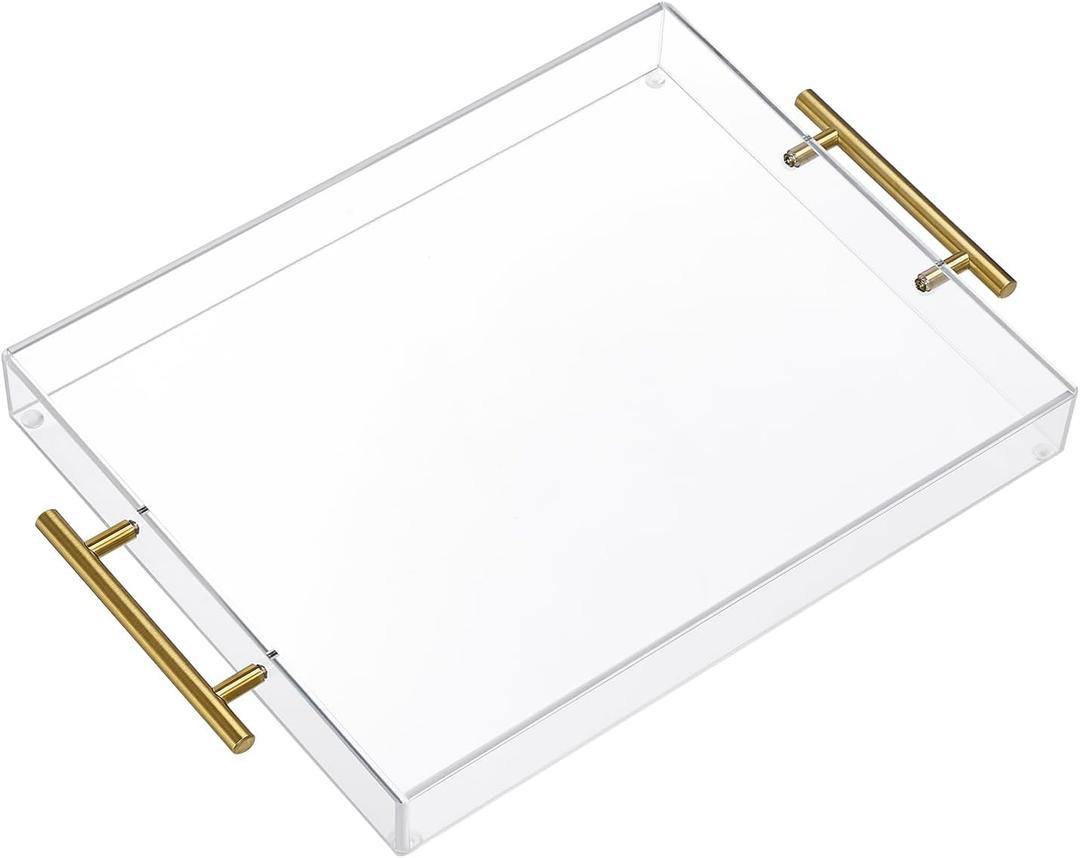 11"x14" Clear Acrylic Serving Tray with Golden Handles, Sturdy Huge Capacity Acrylic Tray for Coffee, Juice, Kitchen and Desk Organizer 