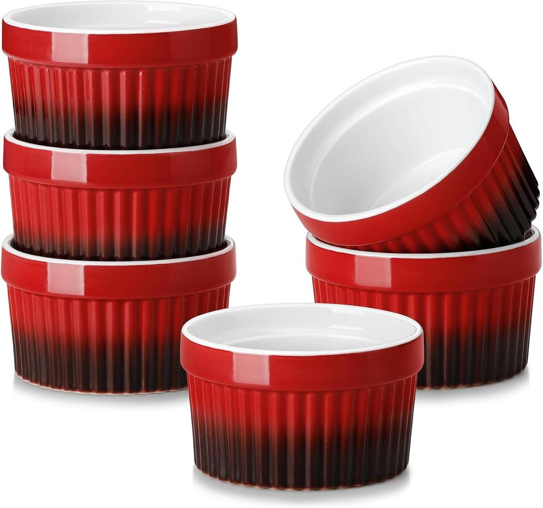 MALACASA Ramekins 6 oz Oven Safe, Small Ceramic Souffle Dishes for Creme Brulee Souffle, Stoneware Custard Cups Ramiken for Baking, Dessert Bowls Dipping Sauce Dish Set of 6, Red, Series RAMEKIN-DISH