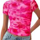 BTFBM Womens Sheer Mesh Summer Tops 2025 Crewneck Short Sleeve Print Ruched Crop Top Slim Fit Club Going Out T Shirts (S)