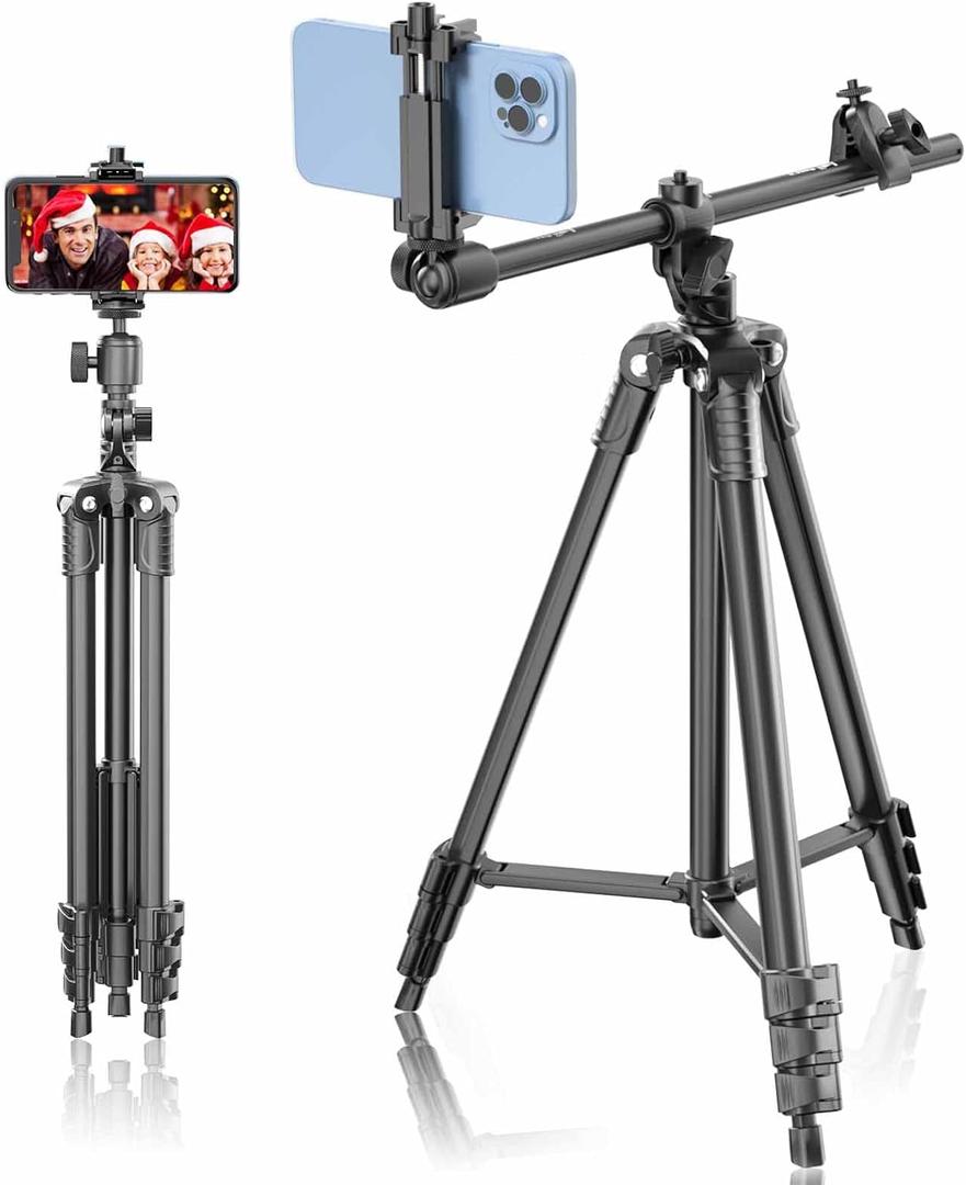 Phone Tripod, Lusweimi 67-inch Horizontal Stand with 360 Adjustable Ball Head and Wireless Remote for Camera/iPhone/Webcam, Tripod for Video Recording with Extended Arm/Clip Mount/Carry Bag