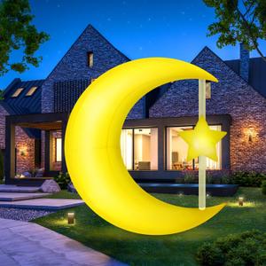 7ft Muslim Holidays Inflatables Outdoor Yard Decorations LED Islamic Moon Wishing Kareem Inflatable Ramadan Eid Mubarak Holy Celebration Decor for Fasting Introspection Prayer