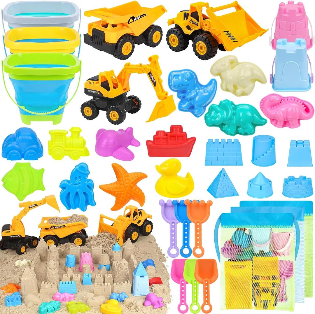 FHOZGECY Beach Toys, Sand Toys for Kids Boys and Girls with 3 Construction Vehicles, 3 Collapsible Bucket, Sand Castle Building Kit, Sand Molds, Mesh Bag, Outdoor Toys for Kids Ages 4-8