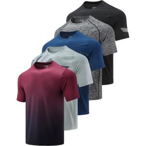 5 Pack Mens Active Quick Dry Crew Neck T Shirts | Athletic Running Gym Workout Short Sleeve Tee Tops Bulk (X-Large, Light Gray/Gradient Red/Blue/Charcoal/Black)