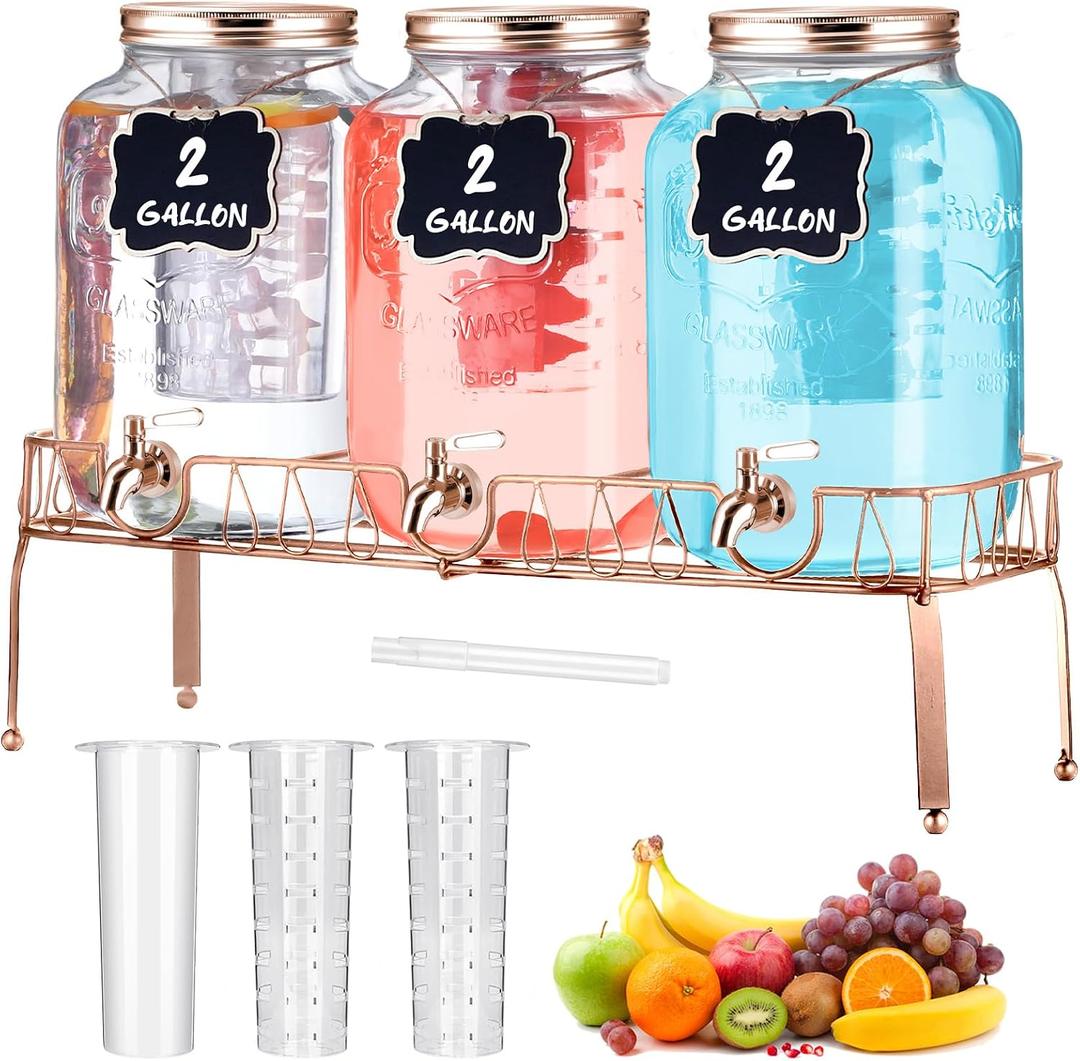 Lallisa 3 Pcs 2 Gallon Glass Drink Dispenser with Stand and Lid Mason Jar Beverage Dispenser with Stainless Steel Spigot, Hanging Chalkboard Signs, Fruit Infuse, Ice Cylinder, Liquid Pen (Rose Gold)