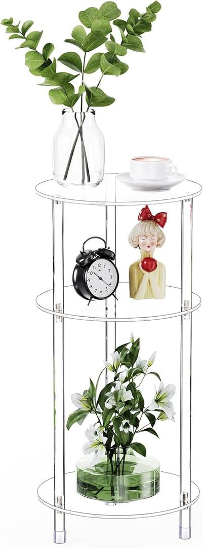 Clear Round Acrylic Side Table for Small Spaces, 11.81" L x 11.81" W x 24.6" H, 3 Tier Small Modern Drink End Table Nightstand, Minimalist Bedside Table for Living Room, Bedroom, Bathroom