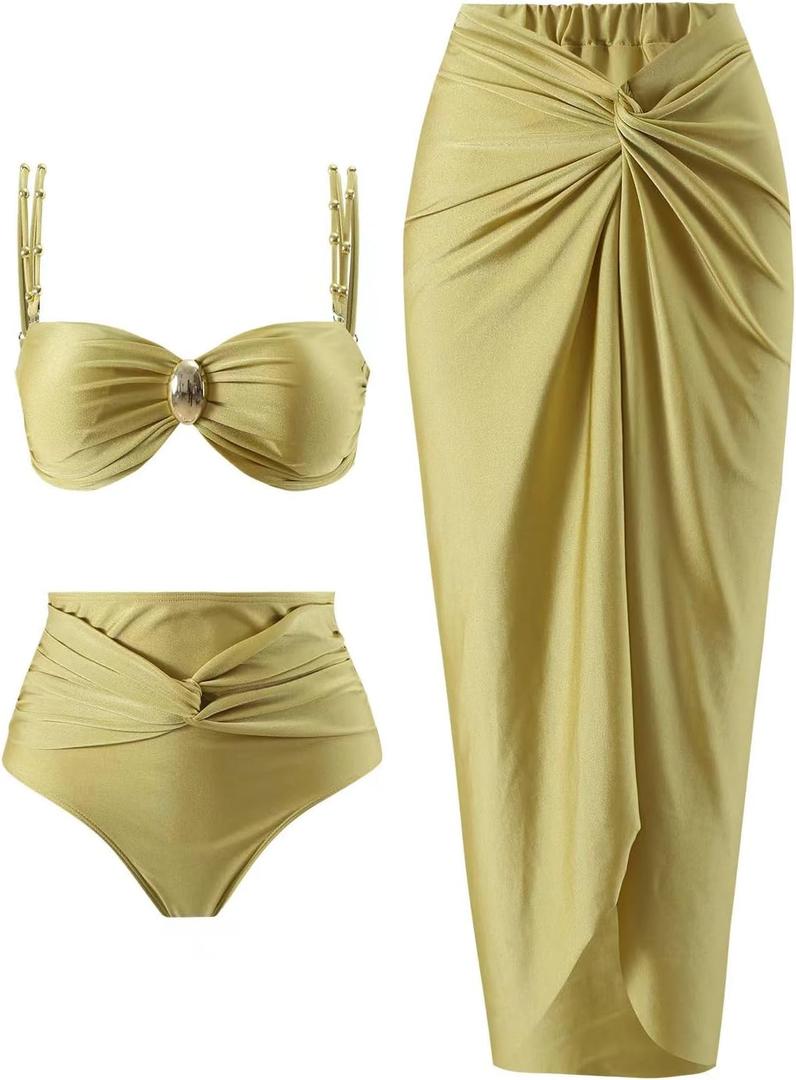 Women's One Piece Swimsuit with Cover up Set Beach Wrap Skirt Retro Bikini Set Two Piece Bathing Suit with Cover up (Medium, Gingeryellow)