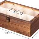 Rustic Torched Wooden Tea Bag Organizer Multiple Compartments Acrylic Clear Lid Dark Brown Burnt Wood Teabag Storage Divider Chest Holder TEA Lettering Vintage Style Latch Desktop Countertop