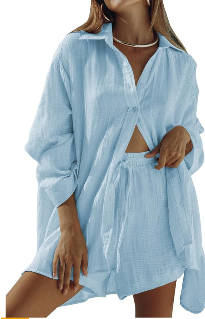 Fixmatti Women 2 Piece Outfits Long Sleeve Button Down Blouse and Shorts Sweatsuit Sets, M