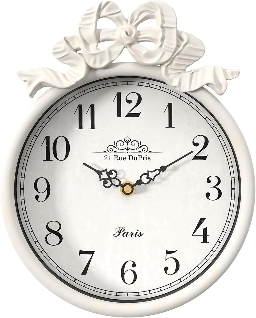 French Small Wall Clock with Bow, Vintage Ivory White Boho Style, Silent Battery Operated Decorative Wall Clocks for Farmhouse,Bedroom,Bathroom,Gifts New Home(10" H x 7.9" W)
