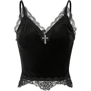 Milumia Women's Lace Trim V Neck Cami Top Velvet Gothic Clubwear Tops Small 