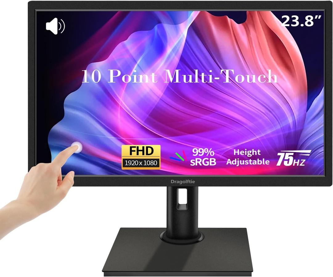 23.8 Inch Touchscreen Monitor FHD 1920x1080P, Height/Pivot/Swivel/Tilt Adjustable Desktop PC Touch Display with Built-in Speakers, HDMI, VGA, Type-B, 75Hz Computer Touch Screen Monitor, VESA, Black