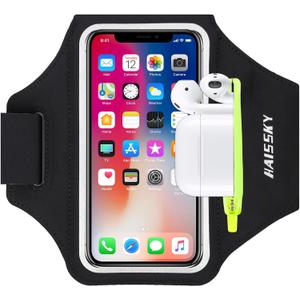 Running Armband with Earphone Bag Cell Phone Armband for iPhone 16 15 Pro 14 Plus 13 11 XR XS, Galaxy S24/S10 Water Resistant Sports Phone Holder Case & Zipper Slot Car Key Holder for 6.7 inch Phone (Black (Up to 6.7''))