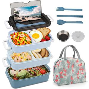 Bento Box Adult Lunch Box with Thermo Bag, 3-Tiers Adult Bento Box with Food-grade Utensil Set for Women, 60 fl-oz Large Lunchable Food Container with Sauce Container for Work, BPA-Free(Blue)