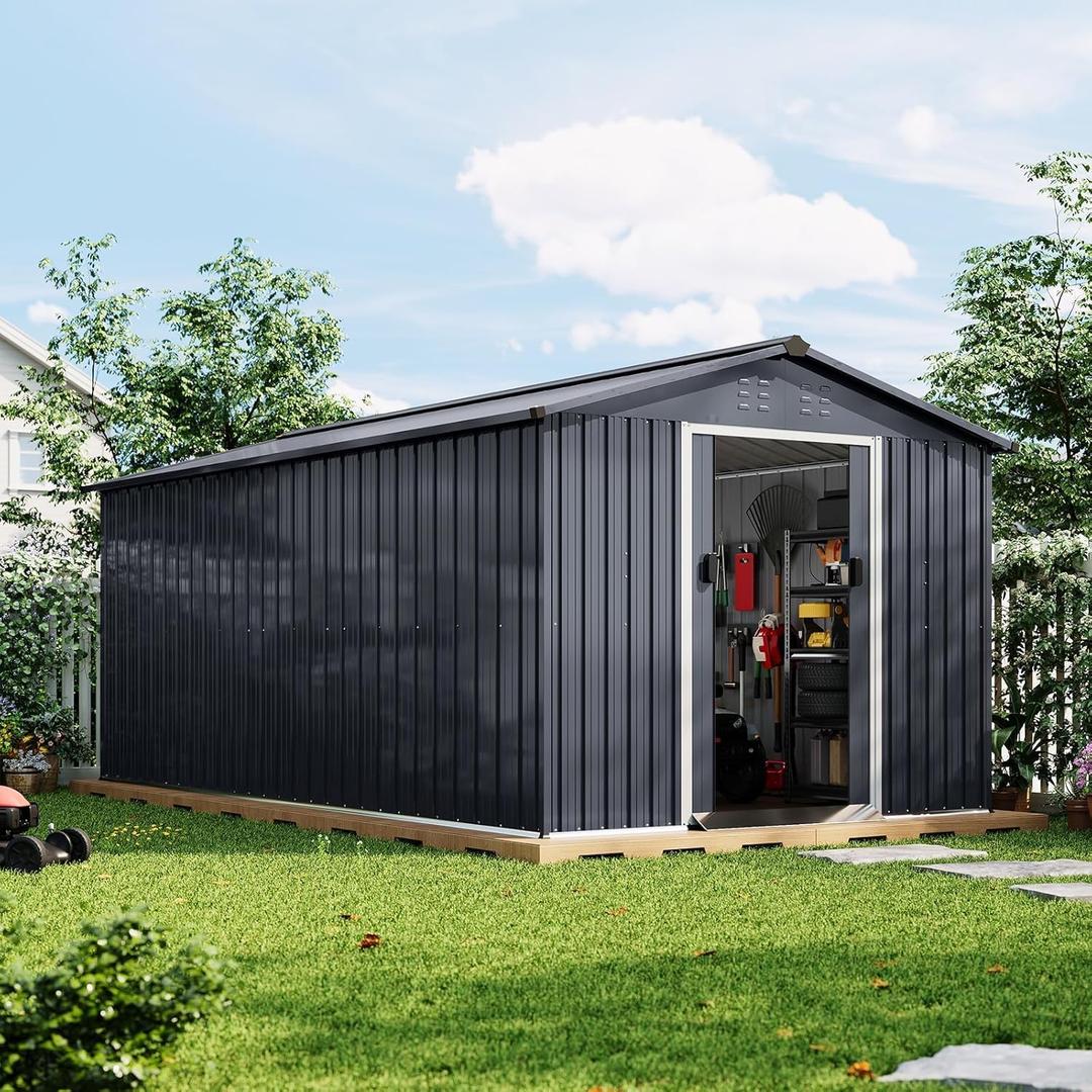 8X15 Ft Outdoor Metal Storage Shed with Roof, Weatherproof Steel Tool Shed with Lockable Door for Lawn Mower, Bike & Garden Equipment Storage