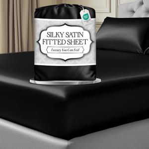 DECOLURE Satin Fitted Sheet Queen Size (1 PC)  Luxuriously Smooth & Softer Than Silk Bed Sheets w/ 15 Inch Deep Pocket Hypoallergenic Wrinkle Free, Secure Snug Fit, Elastic Corner Straps (Black) DECOLURE Satin Fitted Sheet Queen Size (1 PC)  Luxuriously Smooth & Softer Than Silk Bed Sheets w/ 15 Inch Deep Pocket Hypoallergenic Wrinkle Free, Secure Snug Fit, Elastic Corner Straps (Black)