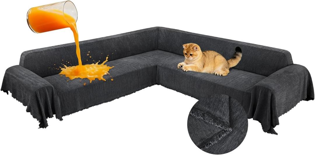 ROFASVCO 1OO% Waterproof Corner Sectional Couch Covers L Shape Chenille Sectional Sofa Cover with Tassel Soft Thick Washable Sofa Slipcover Furniture Protector for Dogs Pets (91" x 252",Charcoal Grey)