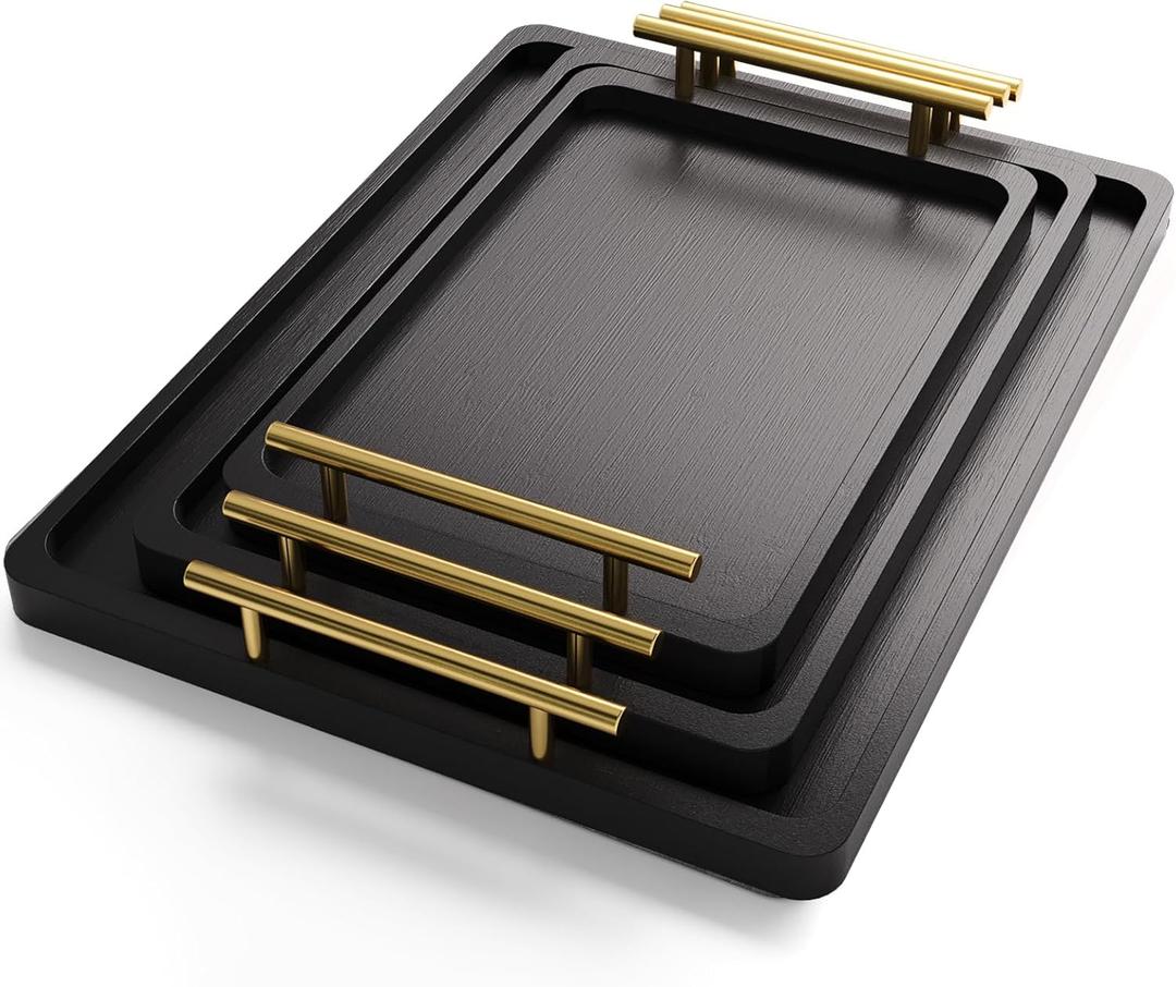 Bamboo Serving Tray with Metal Handles (Set of 3), Ottoman Decorative Trays Platter for Eating Breakfast, Working, Storing, and Party (Black)
