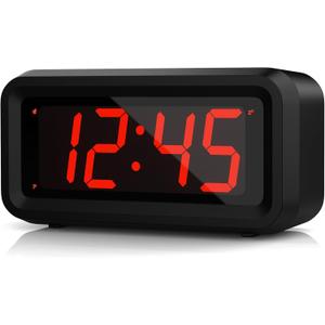 Alarm Clock, LED Digital Clock, Small Wall Clock, Battery Operated, Adjustable 3-Level Led Brightness, Dim Night Mode, 12/24Hr, Cordless, Constantly 1.2'' Digits Display for Bedroom/Travel,Easy to Set (Black Case-red Led)