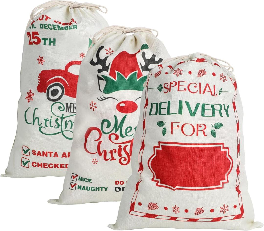 CCINEE 3Pack Christmas Santa Sacks Christmas Gift Bags with Drawstring 26" x 19" Large Xmas Santa Burlap Sacks for Giant Presents Gift Wrap Storage Bag Holiday Party Supply