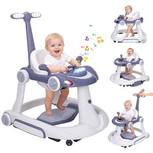 Baby Walker with Wheels, 5-in-1 Foldable Infant Toddler Walker for Boys Girls 6-18 Month, Music Walker for Baby with Car Steering Wheel &Removable Footrest,Baby Push Walker Dark Blue