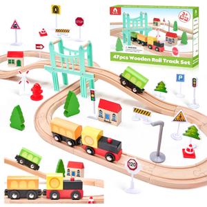 47Pcs Wooden Train Set for Toddlers, Wooden Train Track - Expandable and Changeable, Safe Educational Train Toys Gift for Boys & Girls Kids Ages 3-5 4-8, Compatible with All Major Brands