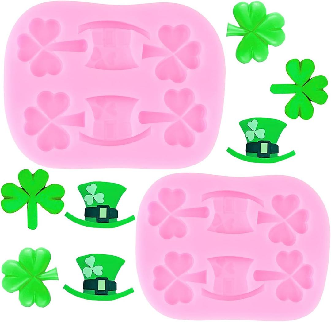 ZiXiang St. Patrick's Day Fondant Mold Shamrock Silicone Mold Irish Hat Molds Irish Baking Mold For Cake Decorating Cupcake Topper Candy Gum Paste Set Of 2