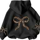 COZYEASE Girl's Bow Leopard Hoodies Long Sleeve Hooded Sweatshirts Pullover Cute Tops 2000s Fall Outfits (Black,14Y)