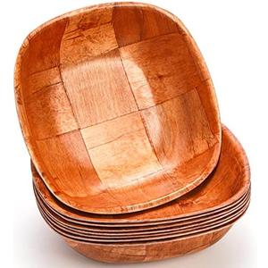 Elsjoy 8 Pack 8 Inch Wooden Woven Salad Bowl, Reusable Square Serving Bowl Woven Wood Mixing Bowl Set, Unbreakable Snack Bowls for Salad, Fruits, Snacks