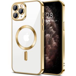 Hython Magnetic Clear for iPhone 11 Pro Case with Camera Lens Protector [Compatible with MagSafe] Luxury Plating Edge Slim Soft TPU Cover Protective Phone Case for iPhone 11 Pro 5.8", Gold