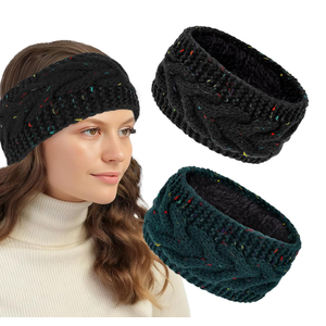 5 x CAVETEE Winter Headbands for Women 2 Pack Thickened Coral Fleece Lined Crochet Knit Non-Slip Windproof Knit Headbands for Women (Black&Dark Blue) 10 Count