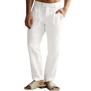 Runcati Mens Casual Linen Pants Pleated Elastic Waist Lightweight Trousers Summer Beach Yoga Pants with Pockets White