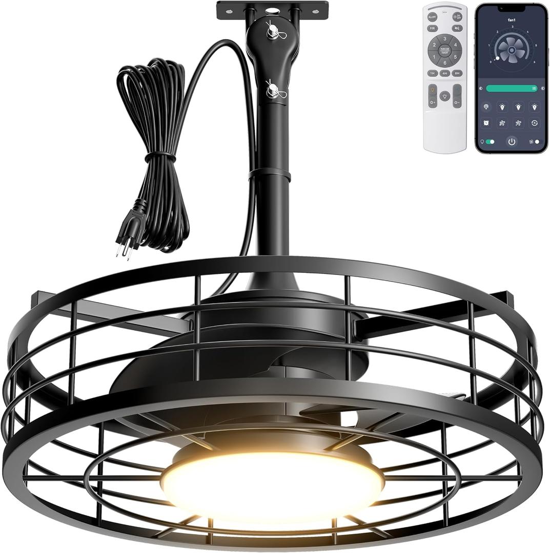 1 x Outdoor Ceiling Fan with Lights - 16'' Wet Rated Gazebo Fan Remote/APP Control, Caged Hanging Fan Plug and Play for Covered Patio Porch, Black