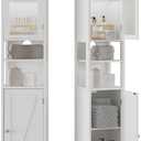 ChooChoo Tall Bathroom Storage Cabinet with Light, 5-Tier Narrow Bathroom Cabinet with 2 Doors, Slim Storage Linen Cabinet Freestanding with Adjustable Shelves for Space Saving, White, 11.8 inches x 11.8 inches x 66.53 inches