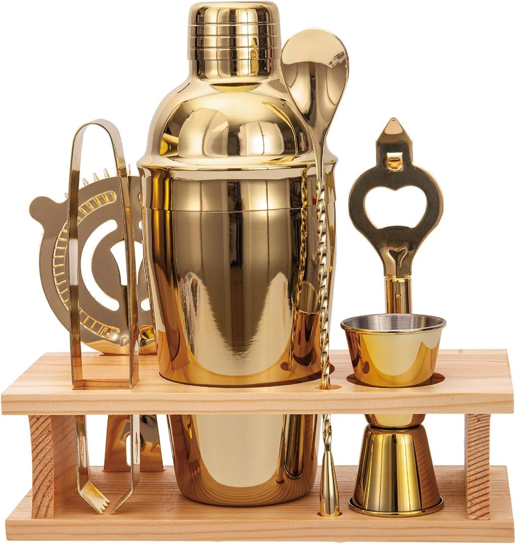 Cocktail Shaker Set Stainless Steel Bartending Kit 18.6oz Cocktail Bar Set Cocktail Mix Drink Making Kit Professional Bar and Home Drink Bar Tools for Bartender (Gold, 7Pcs)