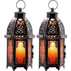 Set of 2 Vintage Large Decorative Moroccan Candle Lantern, 12.8 Metal Hanging&Tabletop Lantern Candle Holder Decor, Christmas Decorations Indoor Outdoor Patio (Amber) Ramadan Decorations
