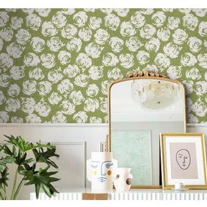 Safiyya Floral Peel and Stick Wallpaper Green and White Wall Paper Boho Contact Paper Self Adhesive Removable Wallpaper for Bathroom 197"x17.3"