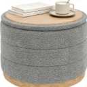 B FSOBEIIALEO Round Storage Ottoman with Tray, Folding Ottoman with Storage Coffee Table Foot Rest for Dorm Room Living Room Chenille Fabric,Wood-Grain Leather Base,Grey,22.83"x22.83"x17.35"